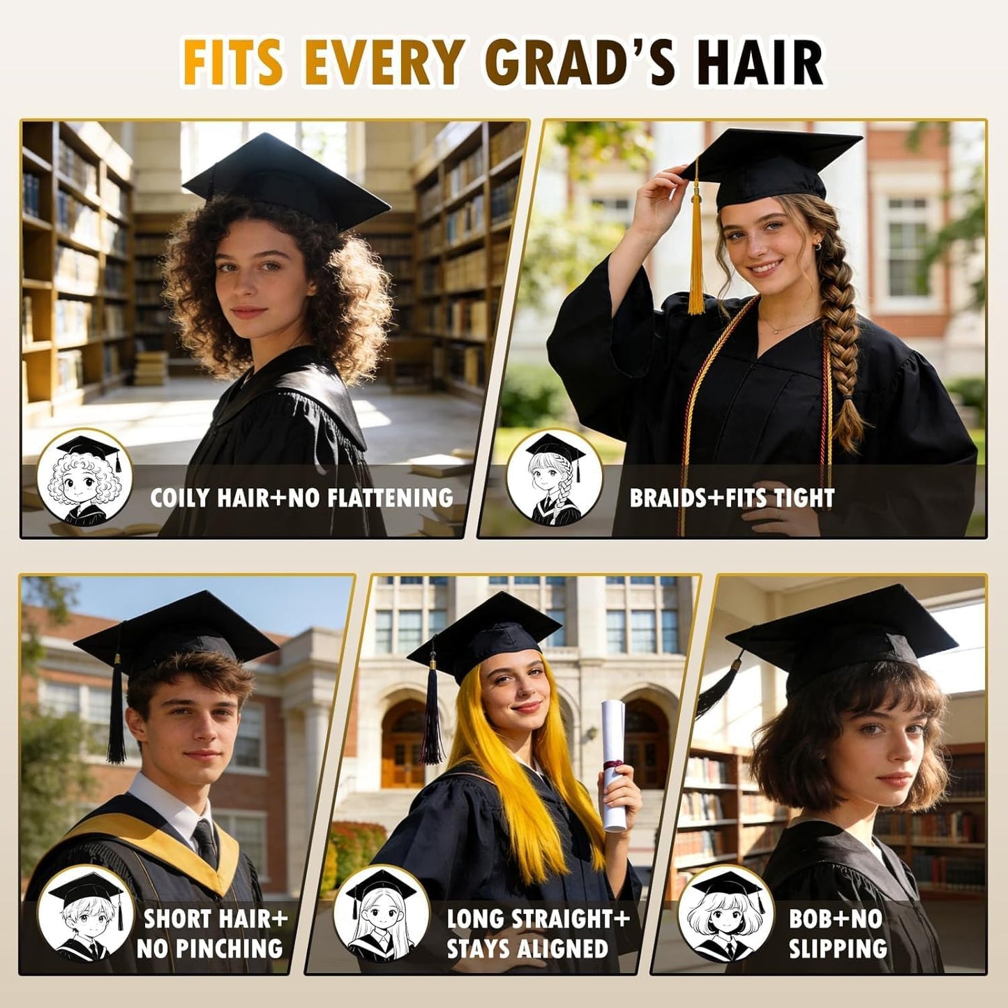 Graduation Cap Headband Insert - Widened & Thickened Black Hair Band | Durable Anti-Fall Design, 1 Pack