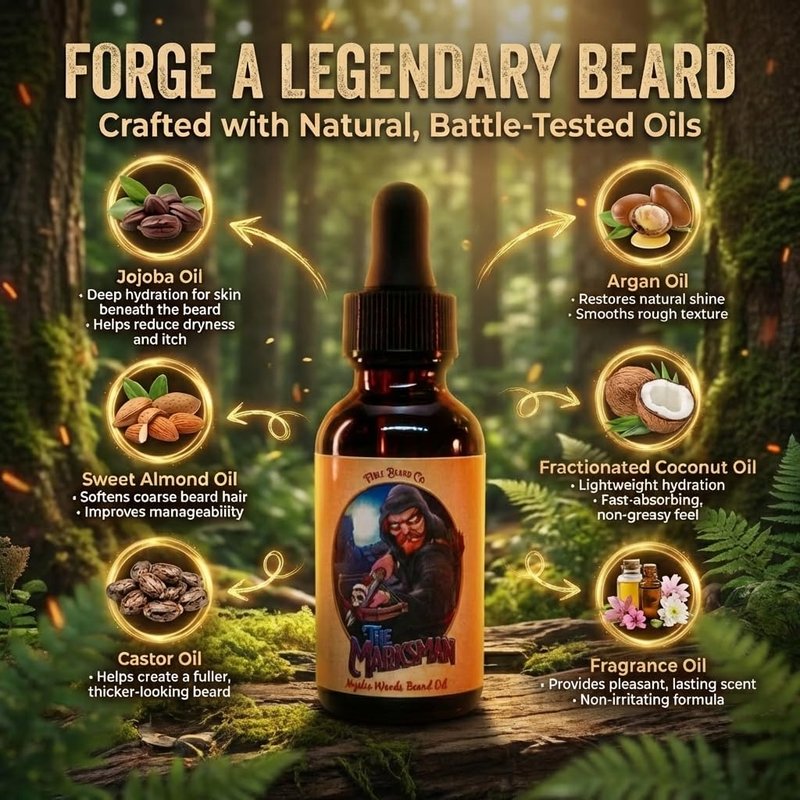 Fable Beard Co. Beard Oil - The Marksman, Crisp Pine & Warm Cedar Scented, Natural Beard Oil for Men with Jojoba & Argan Oils, Vitamin E, Beard Hair Softener, Made in USA (1 Fl Oz)