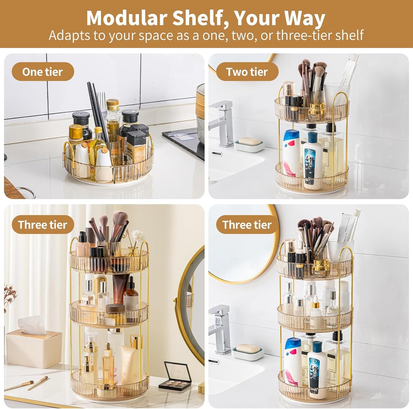 360° Rotating Makeup Organizer - Upgraded 3-Tier Skincare & Perfume Storage | Clear Dresser Organizer with Brush Holder (Amber)
