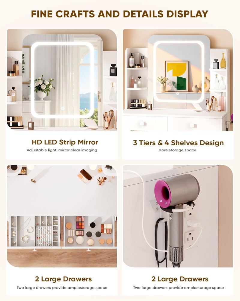 LIVELYGLOW Small Makeup Vanity Desk with Smart LED Mirror & Power Outlet, 29.5" White Vanity Table with Hairdryer Rack, 5 Storage Shelves & 2 Drawers, Compact Dressing Table for Small Spaces
