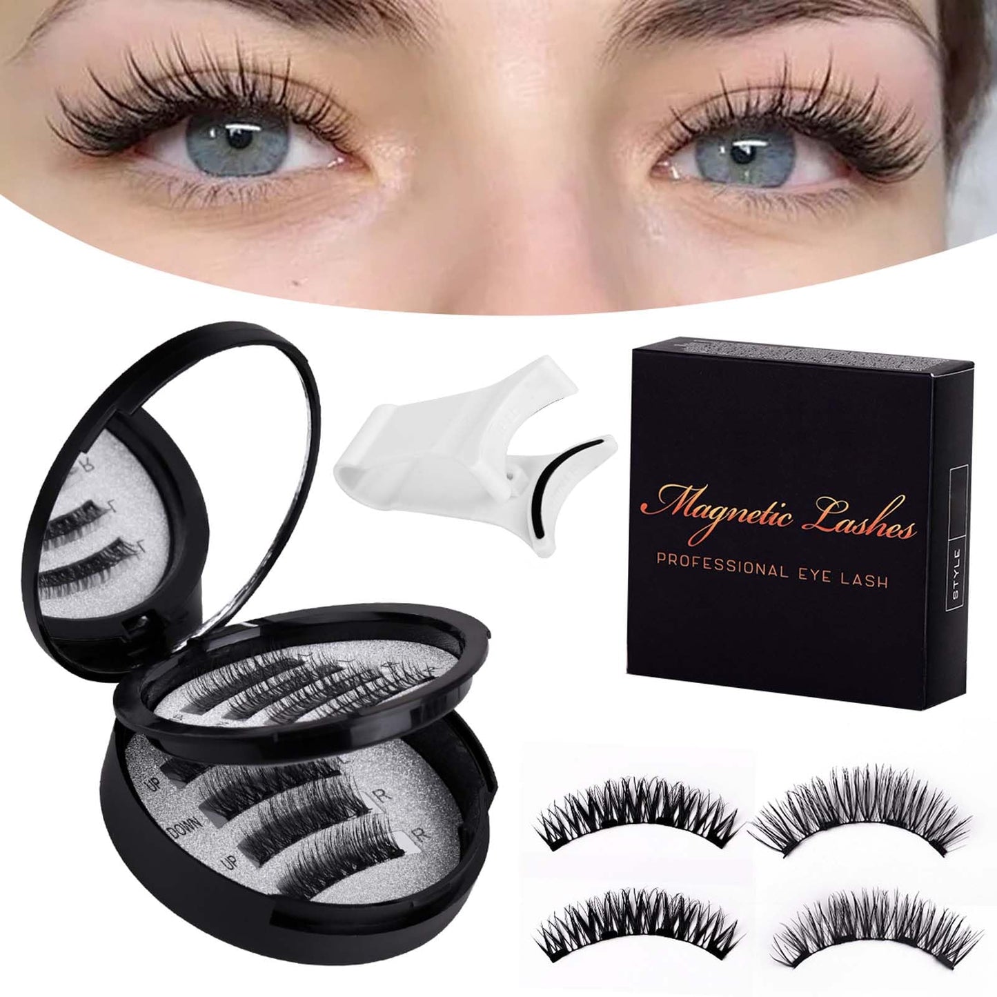 Magnetic Eyelashes Kit with Applicator 2 Pairs, No Glue Needed Reusable Fake Lashes Easy to Apply, Natural Looking False Eyelashes for Women, Style B