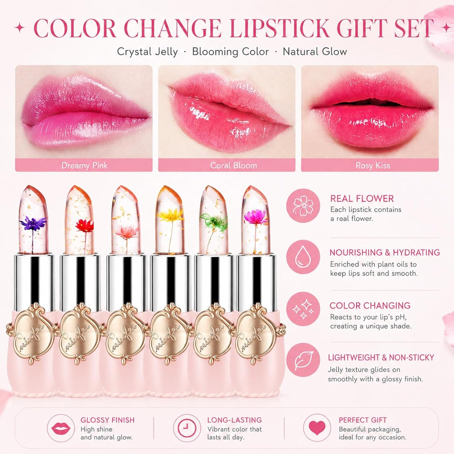 Crystal Flower Jelly Lipstick - Pack of 6 | Long-Lasting Color-Changing Lip Balm for Moisturized Lips | Perfect Gift for Women