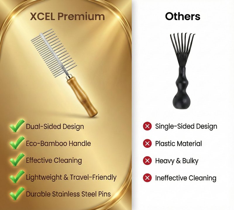 XCEL 2-in-1 Hair Brush Cleaner Tool, Dual-Sided Hairbrush Cleaning Rake & Comb for Removing Hair, Lint, Dust and Product Buildup from Paddle, Boar Bristle, Round and Detangling Brushes