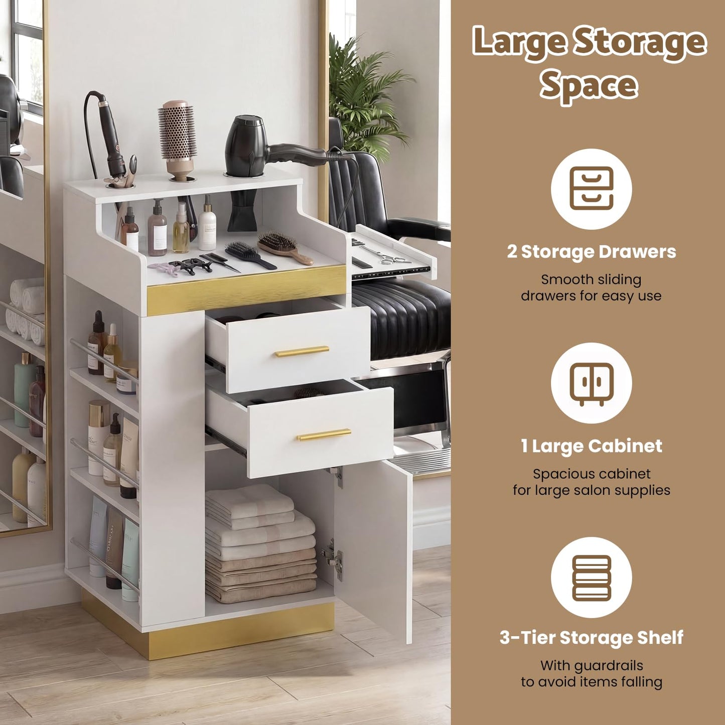 Oakvera Salon Station for Hair Stylist, Barber Station Salon Storage Systems with 3 Hot Tools Holders, a Tray, a Large Storage Cabinet & 2 Drawers for Barbershop, Beauty & Nail Salon, White