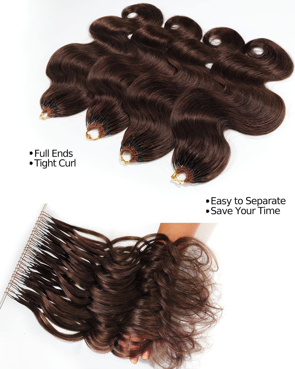 BEEOS Body Wave Crochet Human Hair #4 Brown, Pre-Separated Knotless Feather Crochet Hair for Black Women, Reusable Invisible String 40g 18 Inch