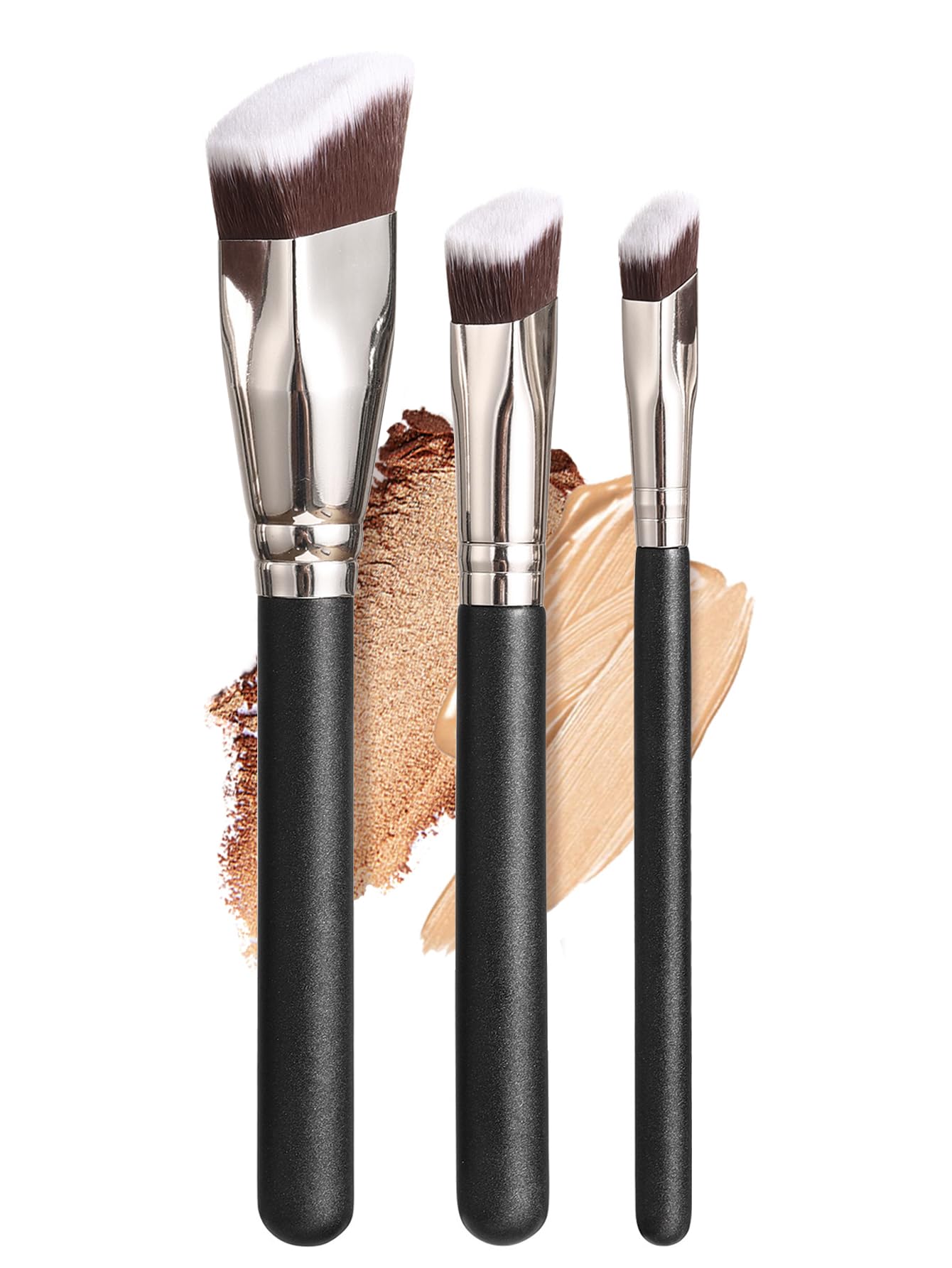KINGMAS Makeup Brush Set, 3 Piece Angled Foundation Brushes, Synthetic Bristles with Black Handle for Concealer, Contour, Bronzer, Powder, Liquid, Cream Blending