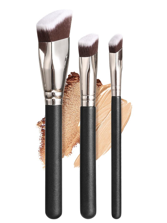 KINGMAS Makeup Brush Set, 3 Piece Angled Foundation Brushes, Synthetic Bristles with Black Handle for Concealer, Contour, Bronzer, Powder, Liquid, Cream Blending
