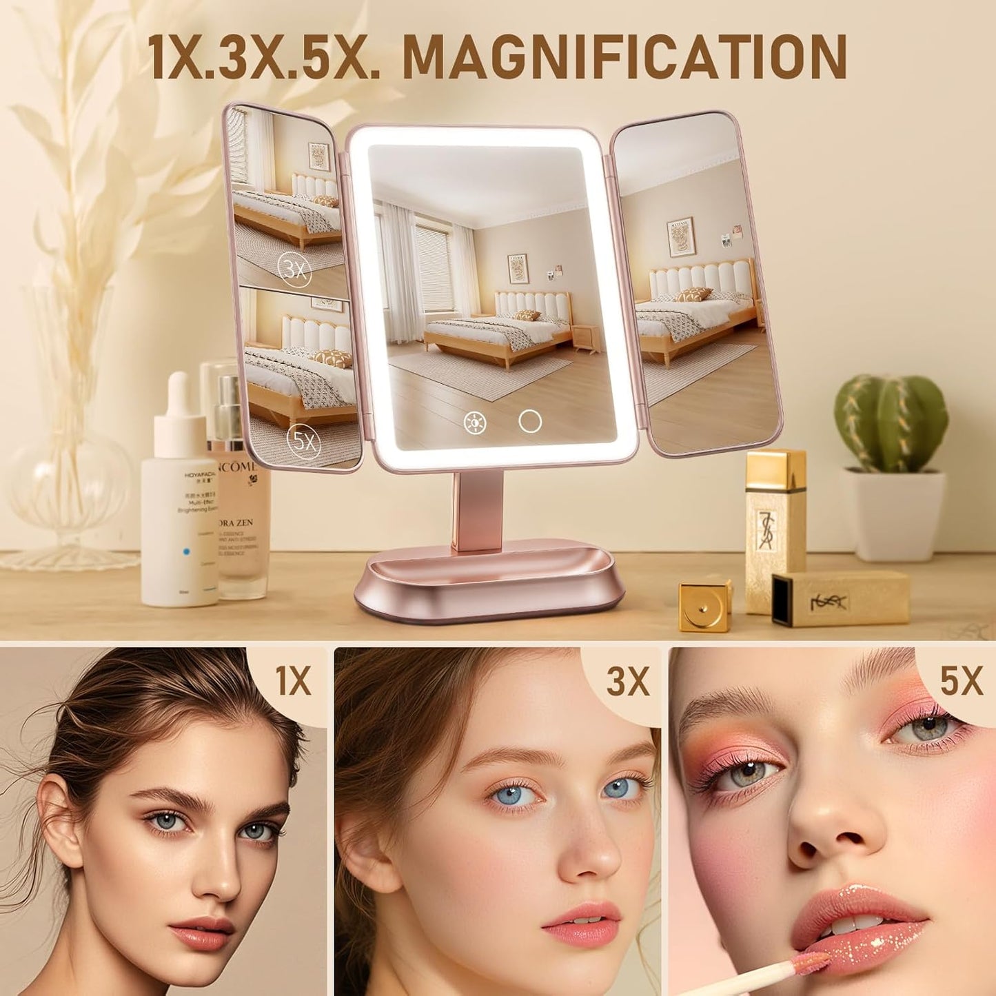 Lighted Makeup Mirror - 1X/3X/5X Magnification, Elegant Rose Gold Trifold Vanity Mirror with Smart Touch & 3 Lighting Modes | Portable Rechargeable Design