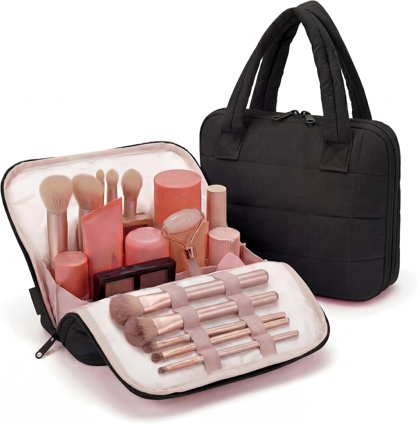 Travel Makeup Bag - Portable Fold-Down Cosmetic Organizer with Handle & Divider | Easy Clean EVA Lining