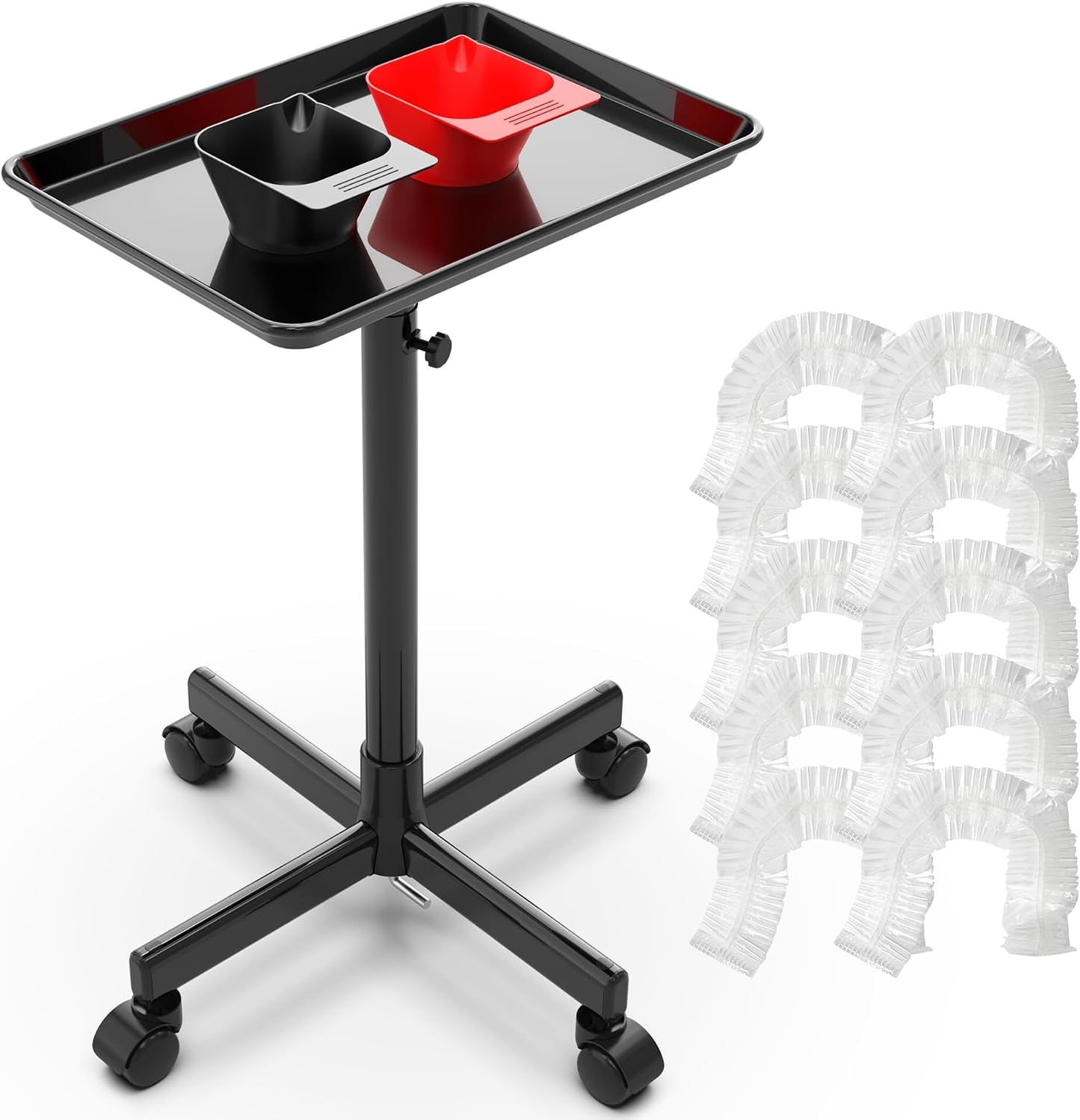 Adjustable Height Rolling Salon Tray - Mobile Storage Trolley with 2 Magnetic Bowls & 10 Disposable Covers | 24-36 Inch, Black