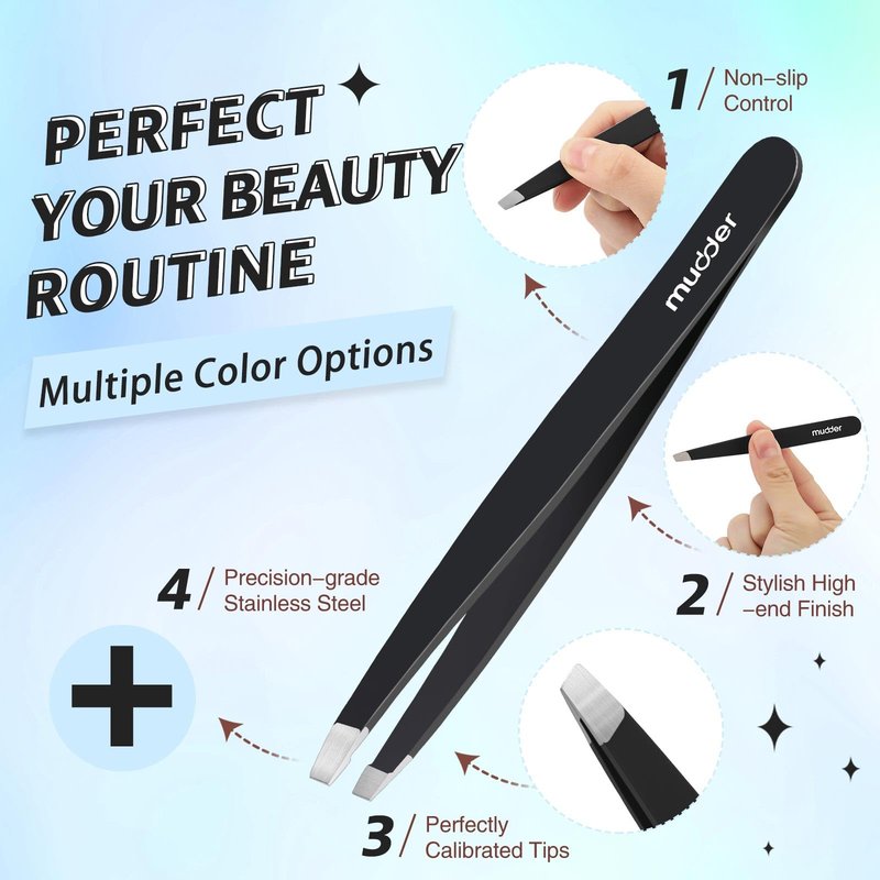 Mudder 6 Pcs Eyebrow Tweezers Set for Facial Hair Stainless Steel Slanted Tip Tweezers in Bulk for Men and Women (Black)