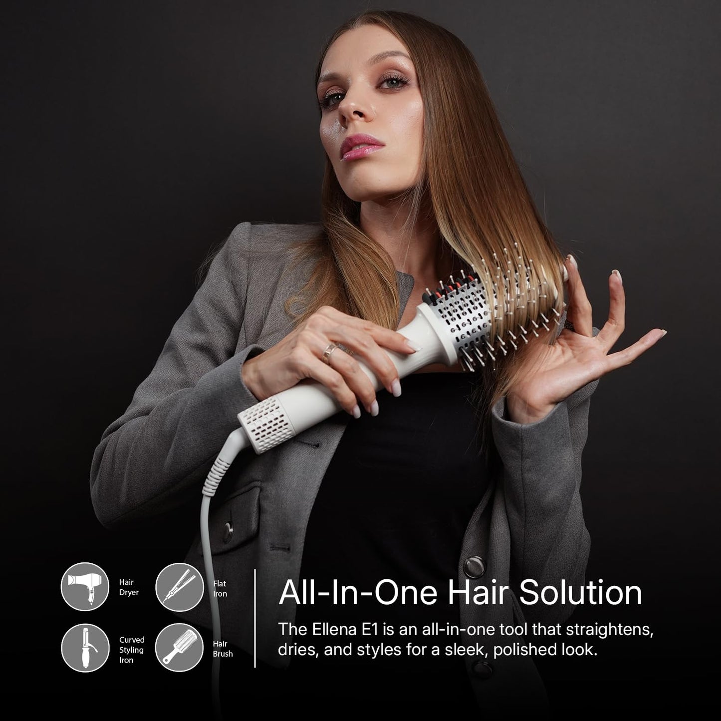 Ellena E1 Blow Dryer & Straightening Brush - 110,000 RPM Hot Air Tool for All Hair Types | Oval Barrel & Heated Comb