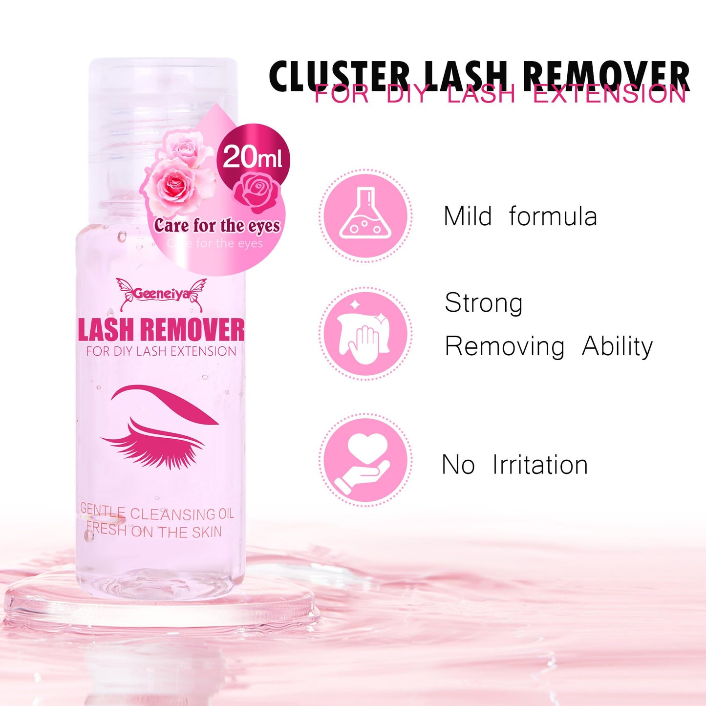Geeneiya Lash Cluster Remover for DIY Lash Extensions, Gentle Lash Glue Remover with Fiber Cleansing Brush, Cleansing Oil for Cluster Lashes Bond and Seal, Easy Lash Removal, 20ml