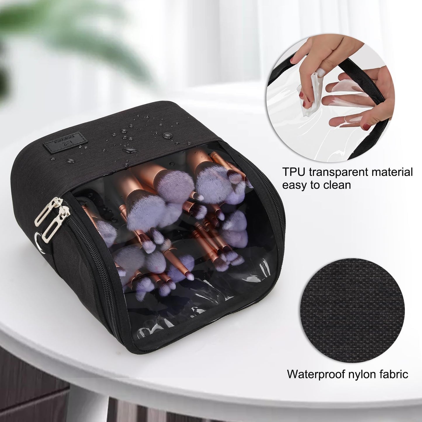 Makeup Brush Organizer - Large Travel Makeup Brush Holder with Adjustable Divider | Professional Cosmetic Storage Bag - Black