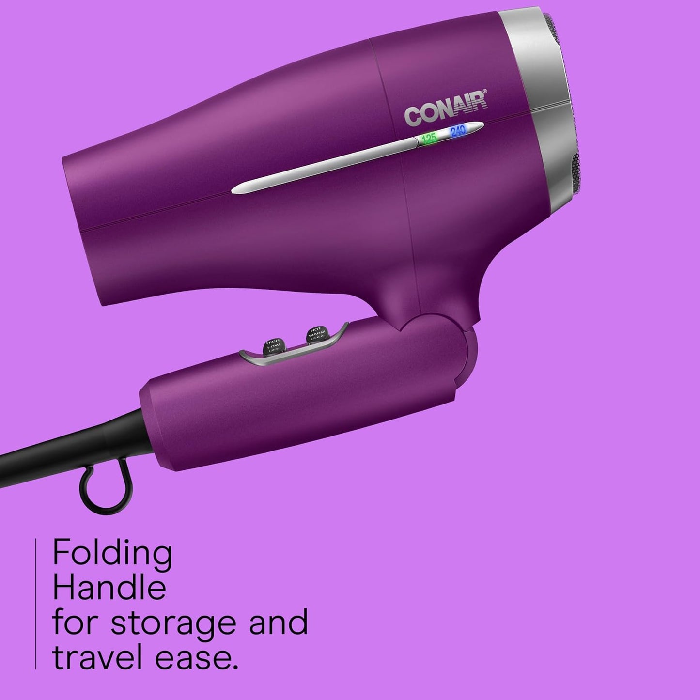 Conair Folding Handle Hair Dryer - 1875W Travel Blow Dryer with Ionic Conditioning | Purple, Concentrator & Diffuser Included