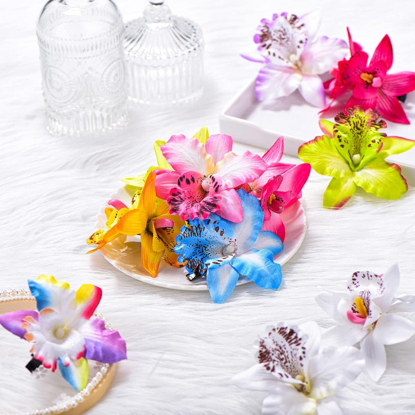 Hawaiian Flower Hair Clips - 18 Pcs Tropical Hibiscus Hair Pins | Double Chiffon Bridal Accessories