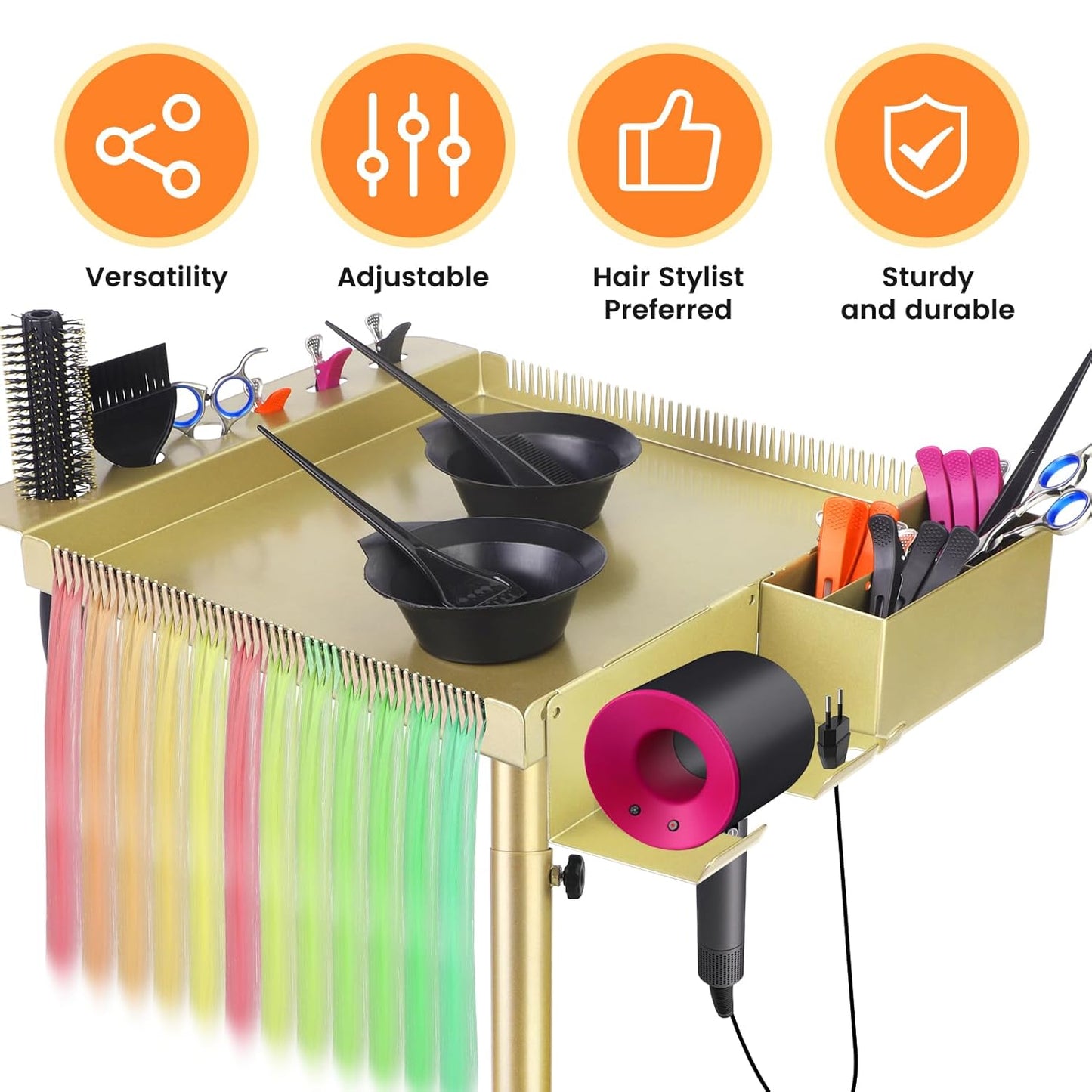 Multi-Function Salon Tray - Rolling Hair Cart with Storage & Separator Stand | Gold Finish