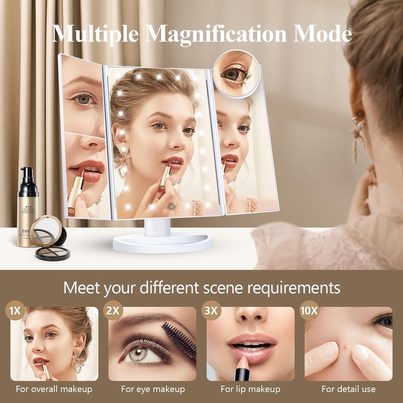 Makeup Mirror with Lights - Trifold Vanity Mirror | 2X/3X/10X Magnification, Touch Control, Dual Power Supply