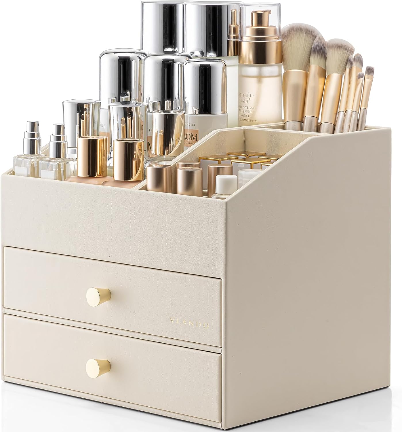 VLANDO Makeup Organizer - PU Leather Vanity Storage with Drawers | Beige Cosmetic & Skin Care Organizer for Women