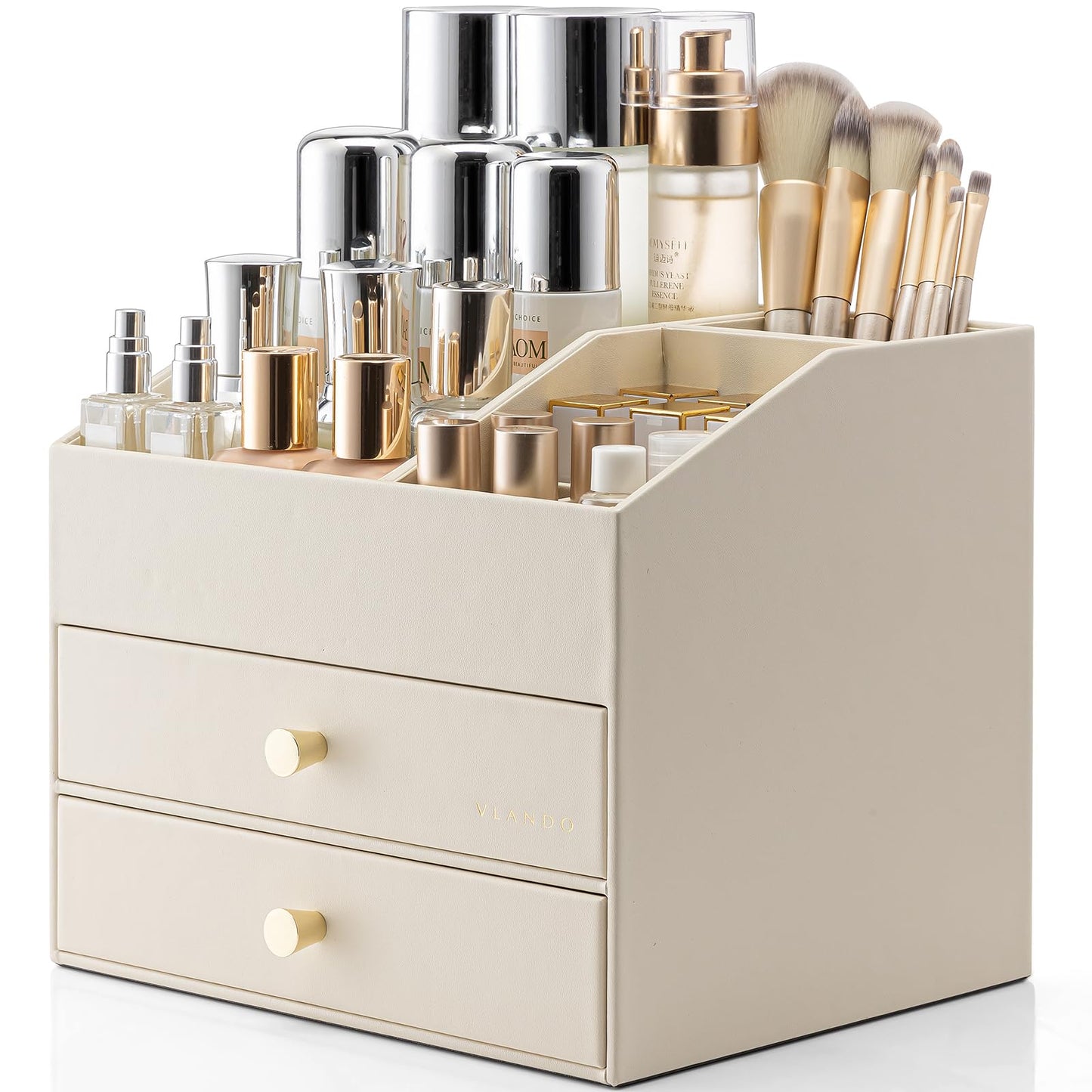 VLANDO Makeup Organizer for Vanity, Skin Care Organizer with Drawers, PU Leather Bathroom Countertop Cosmetic Storage for Lipstick Brushes Perfume, Dresser and Dorm Room Organizer for Women (Beige)