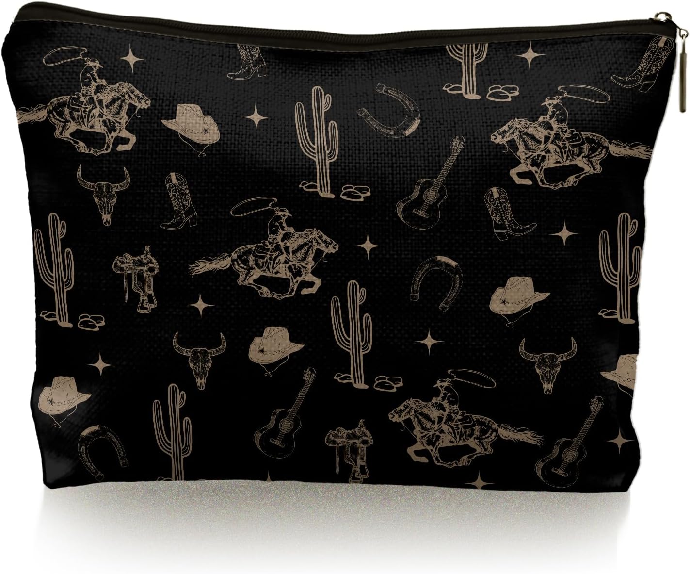 Boho Western Makeup Bag - Rustic Cow Skull & Cactus Design | Vintage Cosmetic Pouch for Women