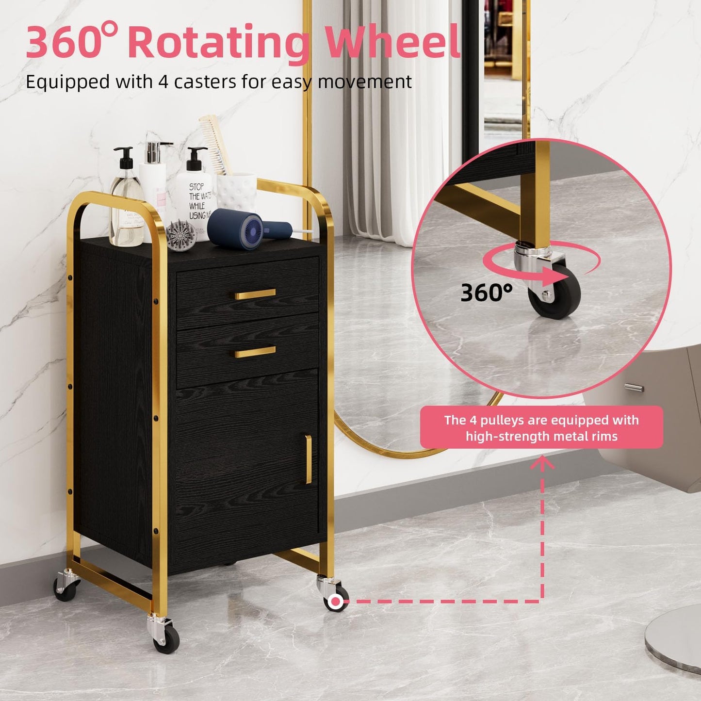 Salon Station for Hair Stylist, Rolling Salon Trolley Cart with Wheels, Beauty Barber Station with 2 Drawer & Cabinet, Mobile Storage Cabinet for Barbershop, Spa&Tattoo, Black and Gold