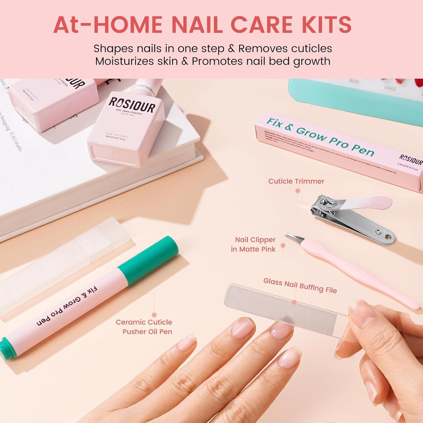Ceramic Cuticle Oil Pusher Pen | Nail Care Tool Kit for Hangnails & Dry Nails - Includes Clipper & Buffer