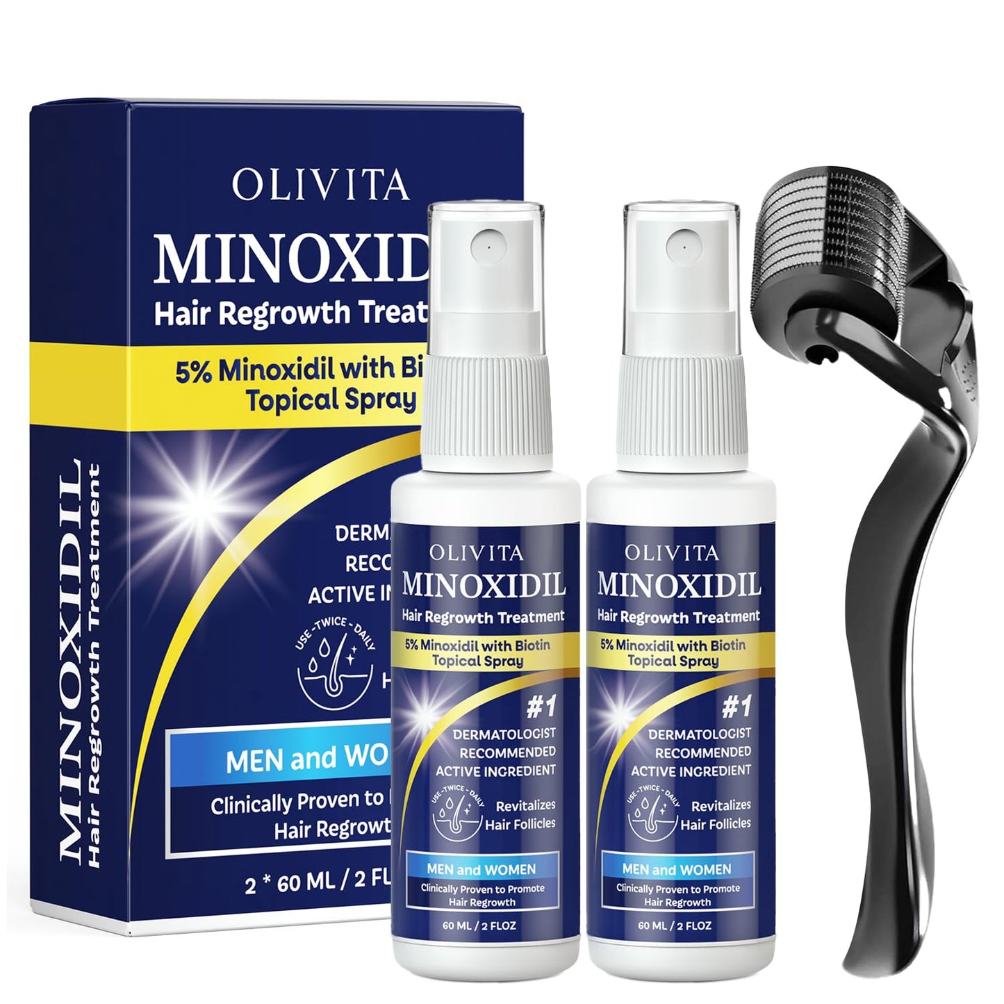 Minoxidil Hair Growth Kit for Men & Women | Regrowth Treatment Serum with Biotin & Rosemary - 2 Pack for Thicker, Stronger Hair