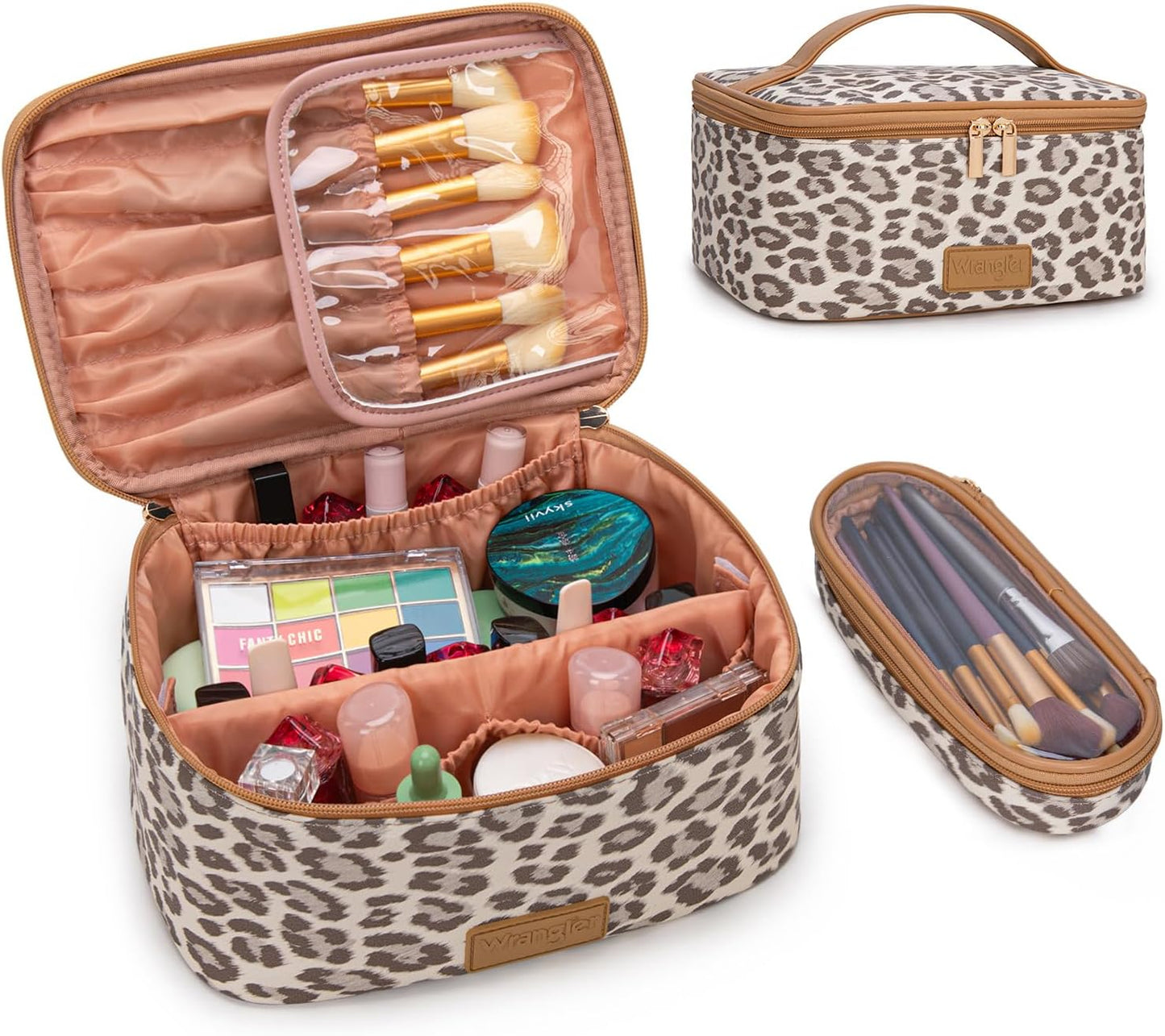 Travel Makeup Bag Set - Large Cosmetic Organizer with Brush Holder | Portable Toiletry Bag for Women - Leopard Print