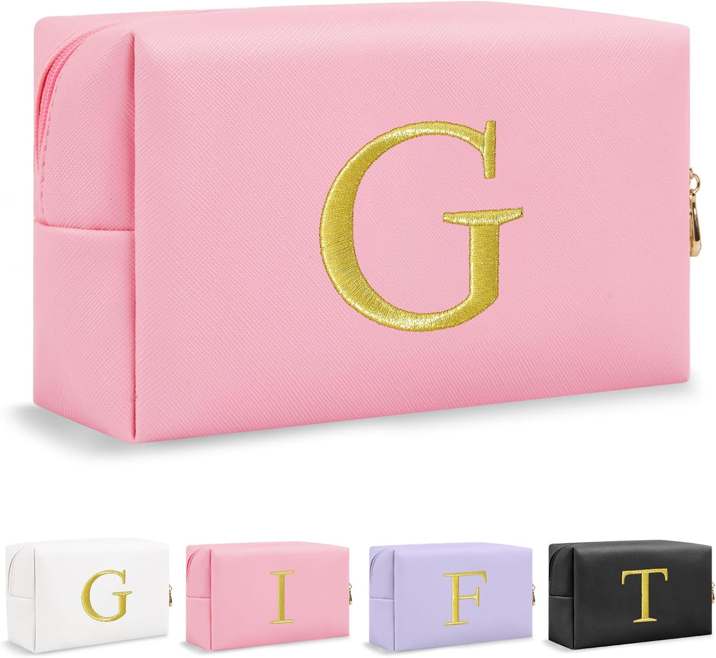 Personalized Initial Makeup Bag - Gold Embroidered Cosmetic Bag for Teens | Custom Travel Toiletry Bag (Black)