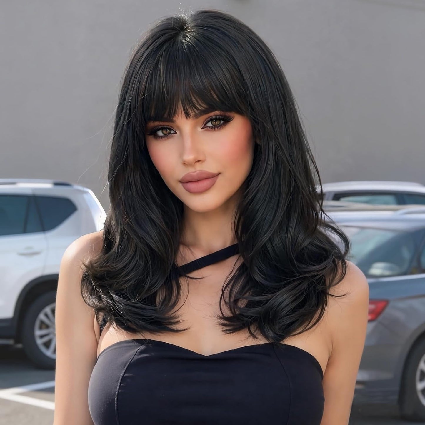 Black Wig with Bangs - 4x4 Realistic Scalp Layered Wavy Synthetic Wig | 18 Inch Natural Look for Daily Use