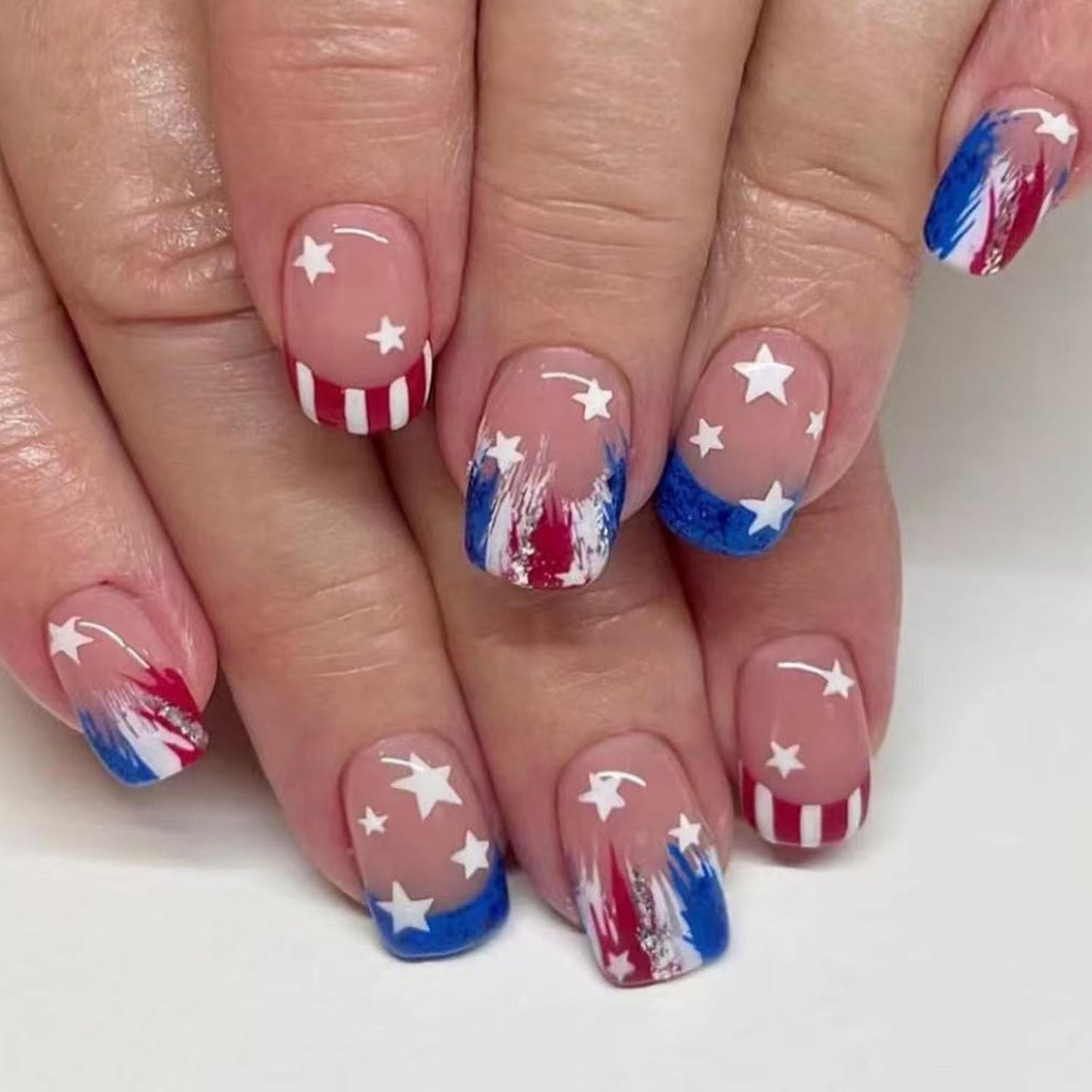 Independence Day Press-On Nails - Medium Square Glitter Acrylic Nails with American Flag Design | 24 Pcs Blue & Red