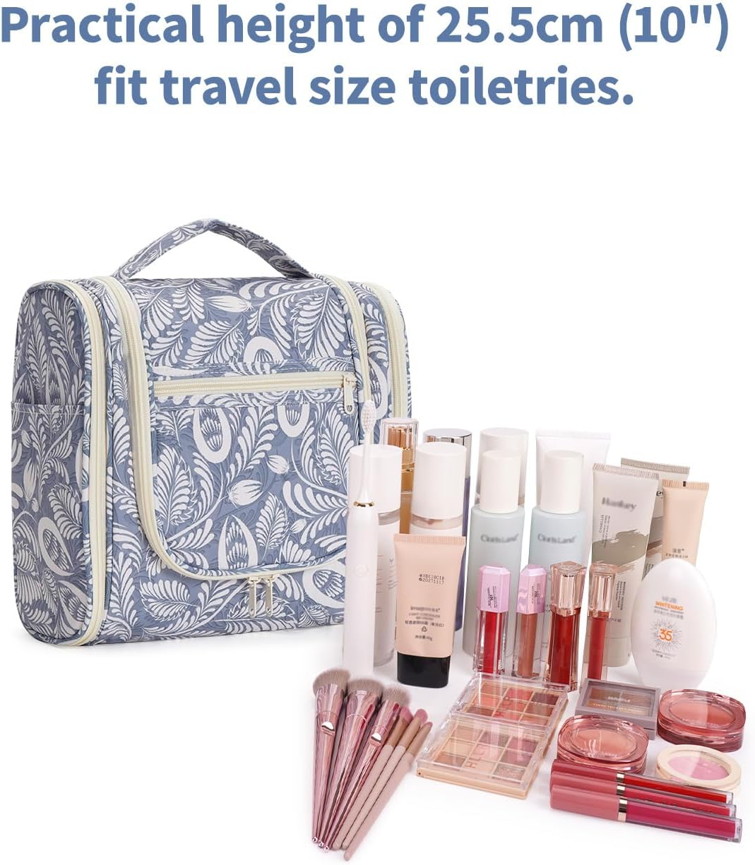Hanging Toiletry Bag for Women | Travel Makeup Organizer - Large Blue Leaf Design