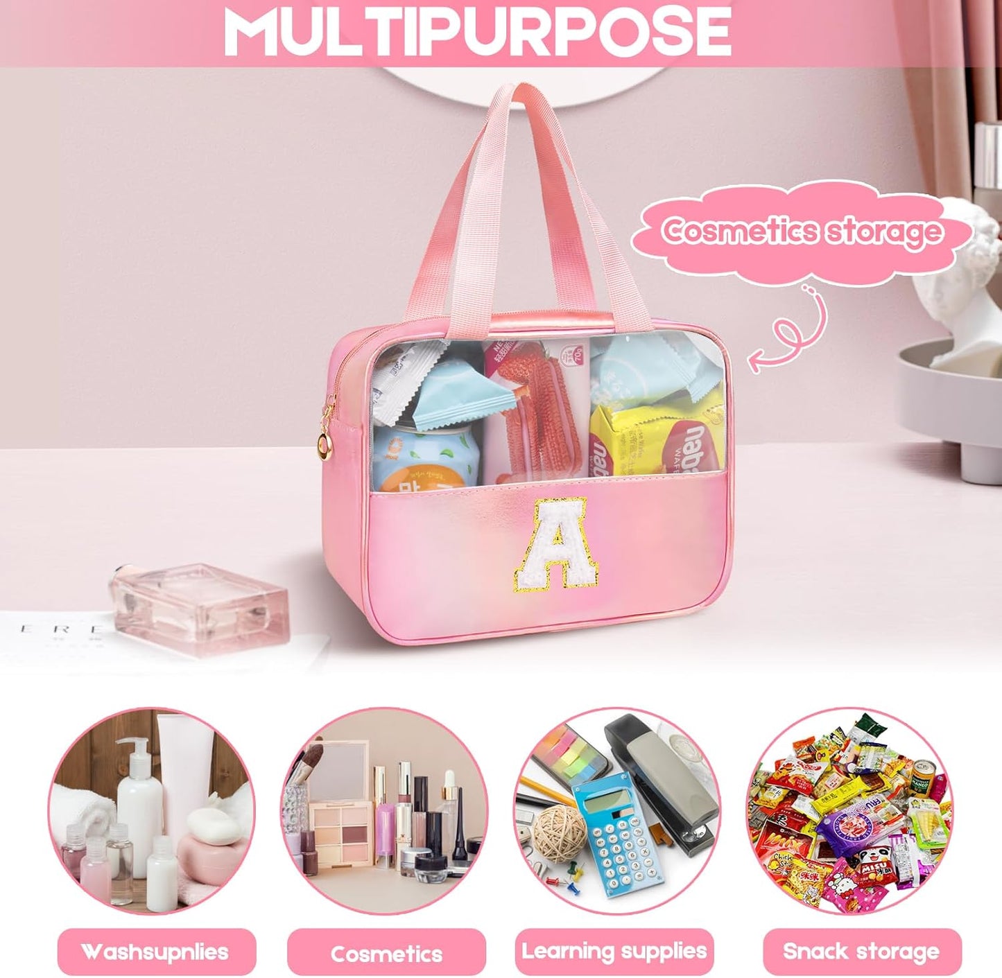 Personalized Pink Clear Makeup Bag - Large Cosmetic Organizer for Travel | Ideal Gift for Women & Girls