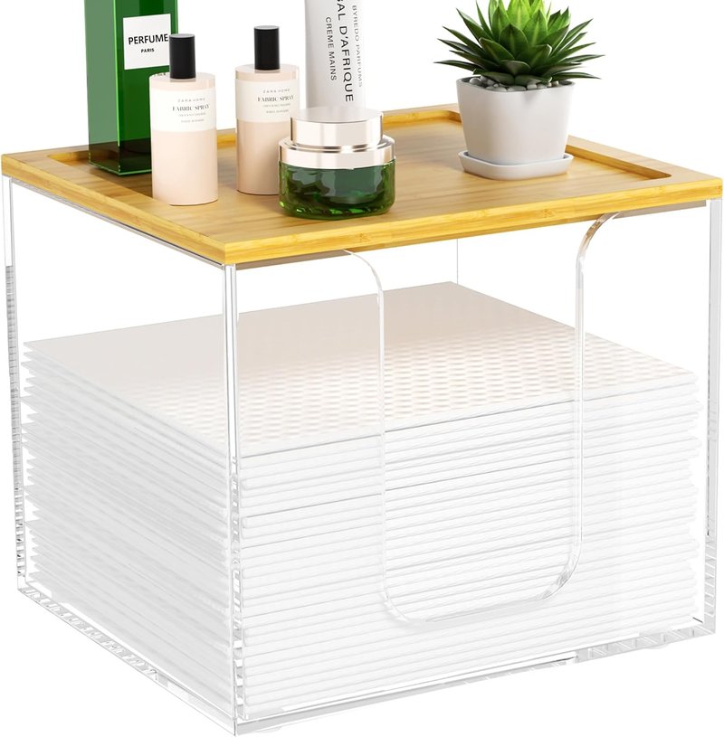 Acrylic Face Towel Holder Box - Large Disposable Towel Storage with Bamboo Lid | Clear Bathroom Organizer