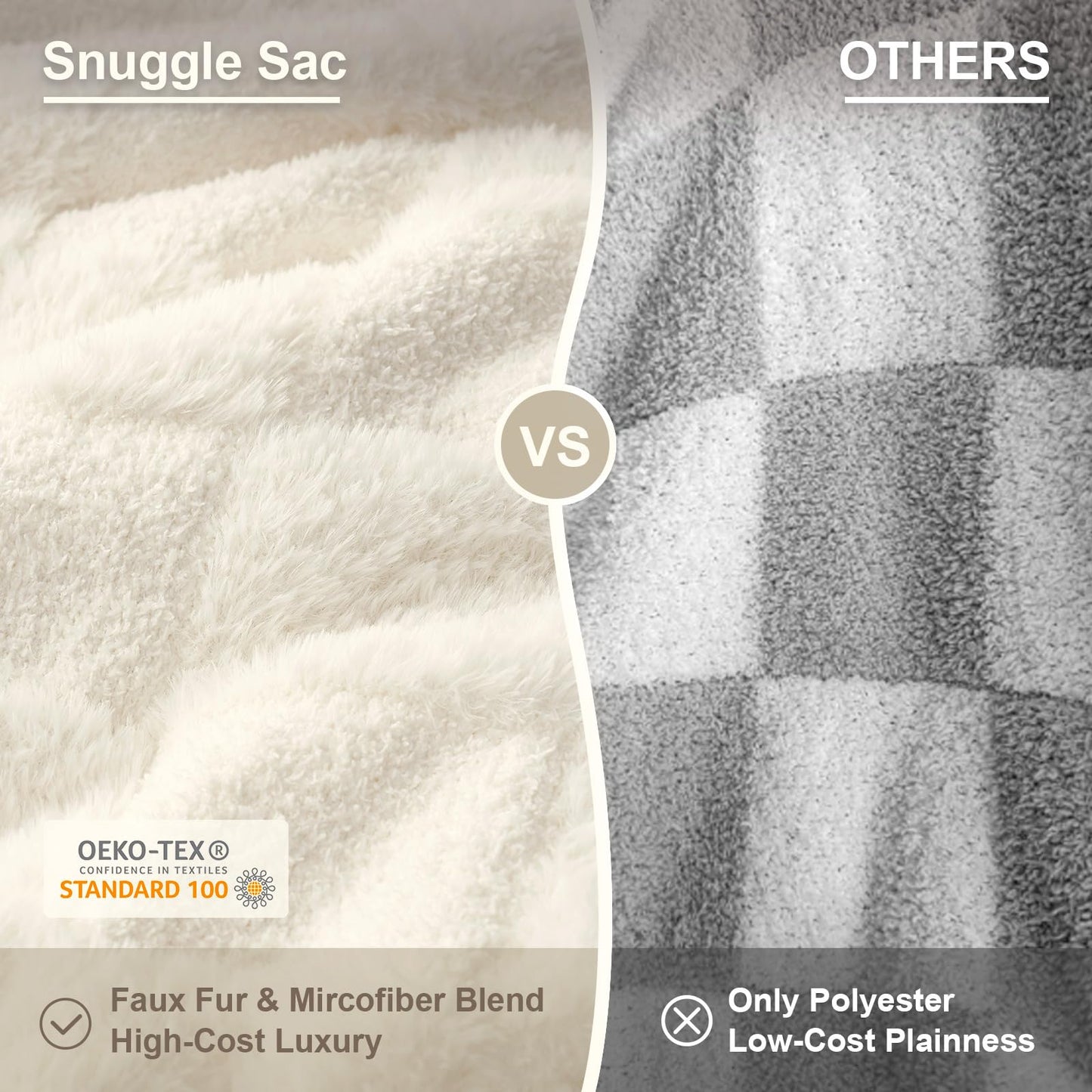 Snuggle Sac Checkered Throw Blanket Faux Fur Microfiber Blankets for Couch,Cozy Soft Warm Blanket for Sofa Bedroom Living Room,Solid Ivory,50x60 inches