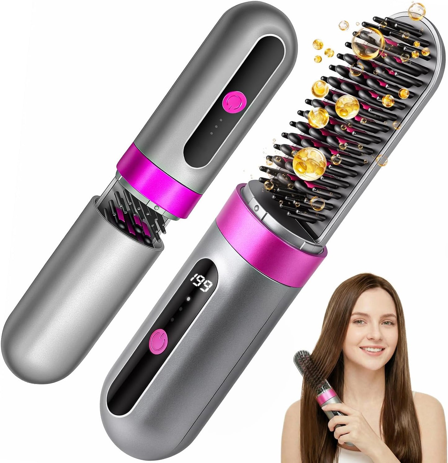 Cordless Hair Straightener Brush - Portable MCH Ceramic Hot Comb for On-the-Go Touch-Ups | 3 Temp Settings, Grey