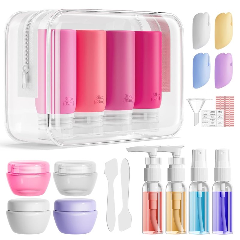 Travel Bottles for Toiletries - 21 Pack Leak-Proof Silicone Containers | TSA Compliant, BPA Free, Pink