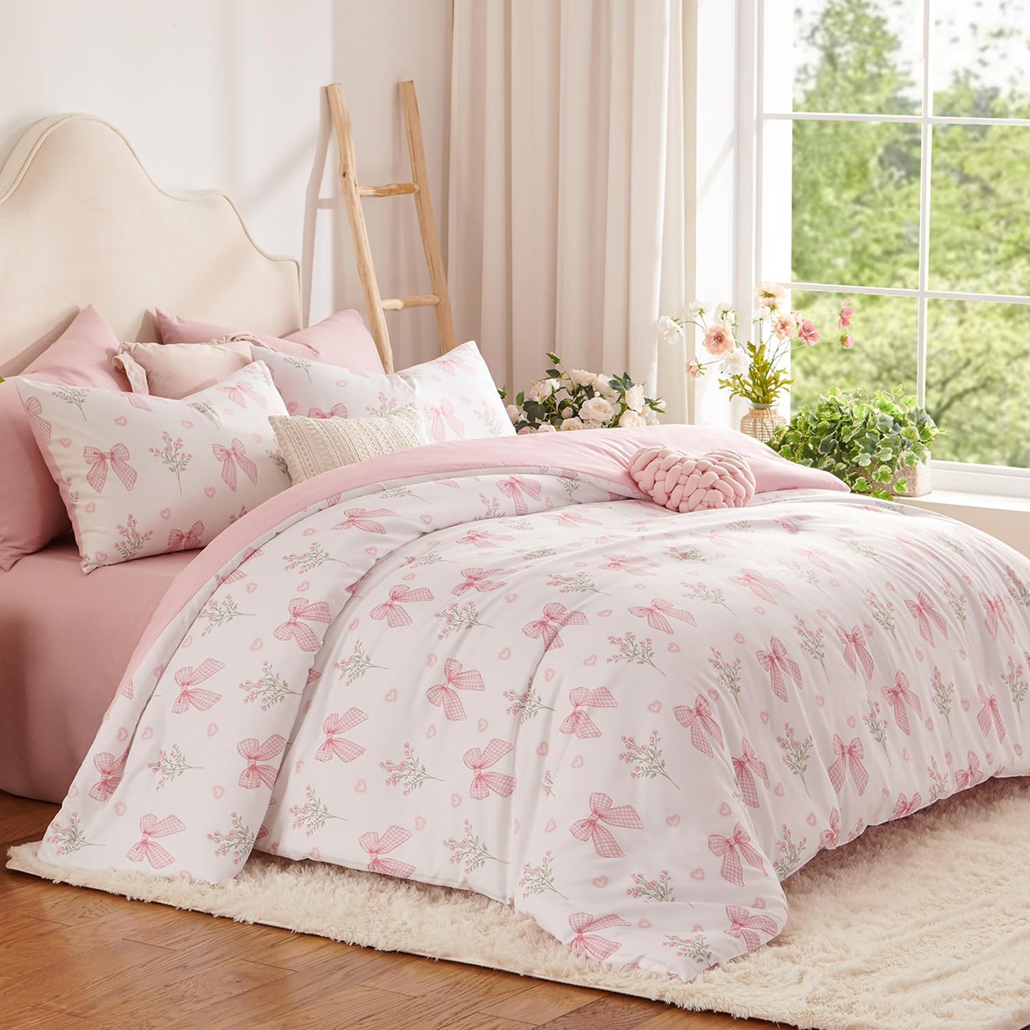 Nayoroom Pink Bow Comforter Set Full Size Coquette Pink Floral Comforter 3 Pieces Soft Lightweight Kids Girls Cute Aesthetic Dorm Bedding Set for All Seasons