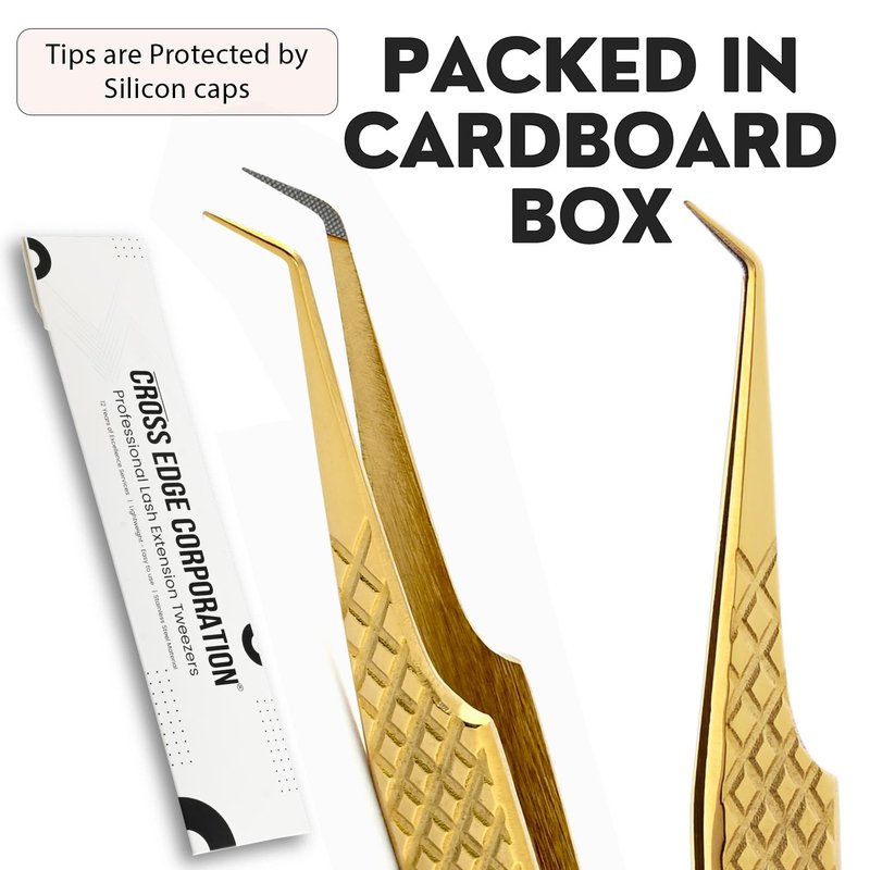 Fiber Tip Lash Tweezer 45 Degree Tip – Non Slip Diamond Grip, Precision Stainless Steel Eyelash Extension Tool, Professional Volume & Classic Lash Applicator for Salon and Home Use (Gold)
