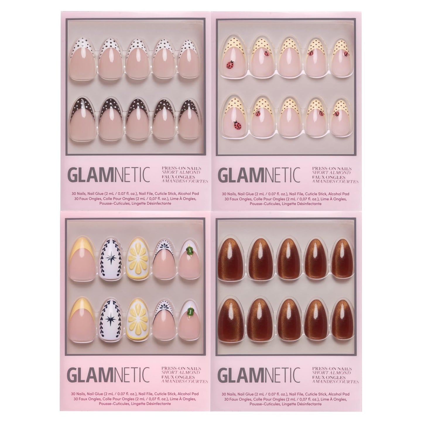 Glamnetic Short Almond Press-On Nails Bundle - 3D Nail Art, Polka Dot Designs & Chip-Resistant Finish | 4 Styles Included
