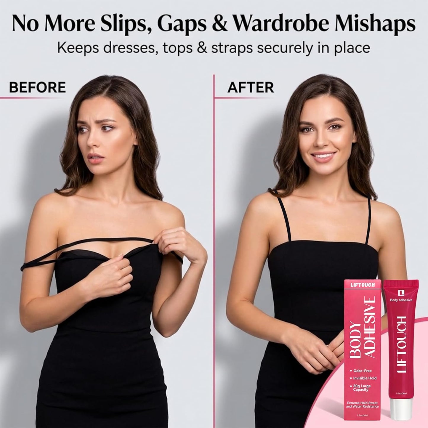 Body Adhesive Glue for Clothes - Sweat Proof, Water Wash Off Fabric-Safe Liquid | 30ml for Strapless Dresses & Blouses