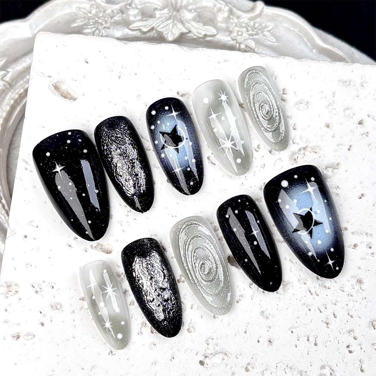Gothic Y2K Black Almond Press-On Nails - 30 Pcs 3D Silver Glitter Design | Reusable Acrylic Punk Nails