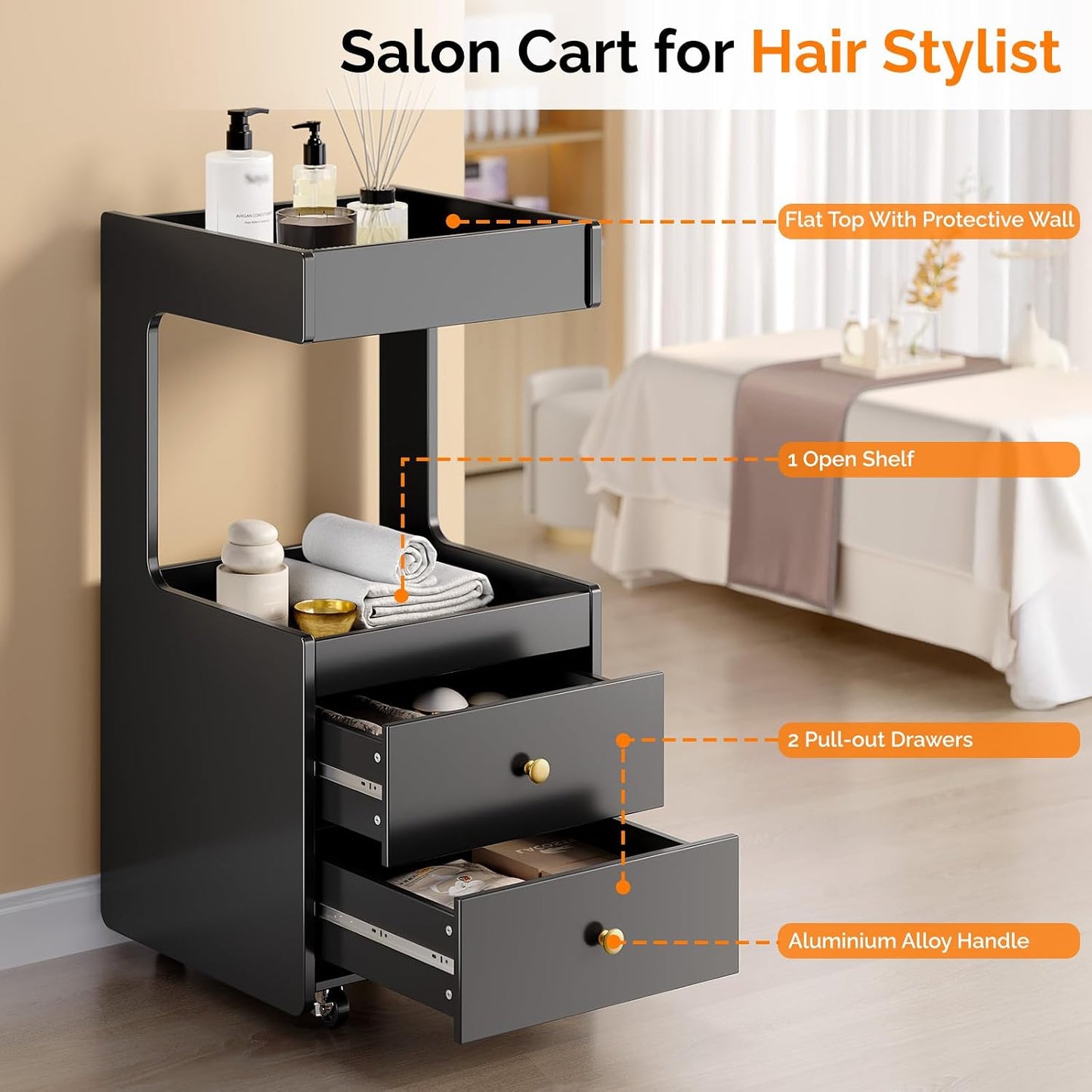OmySalon Salon Trolley Cart - Mobile Hair Styling Station with 2 Drawers & Open Shelf | Black Storage Utility for Beauty Spa