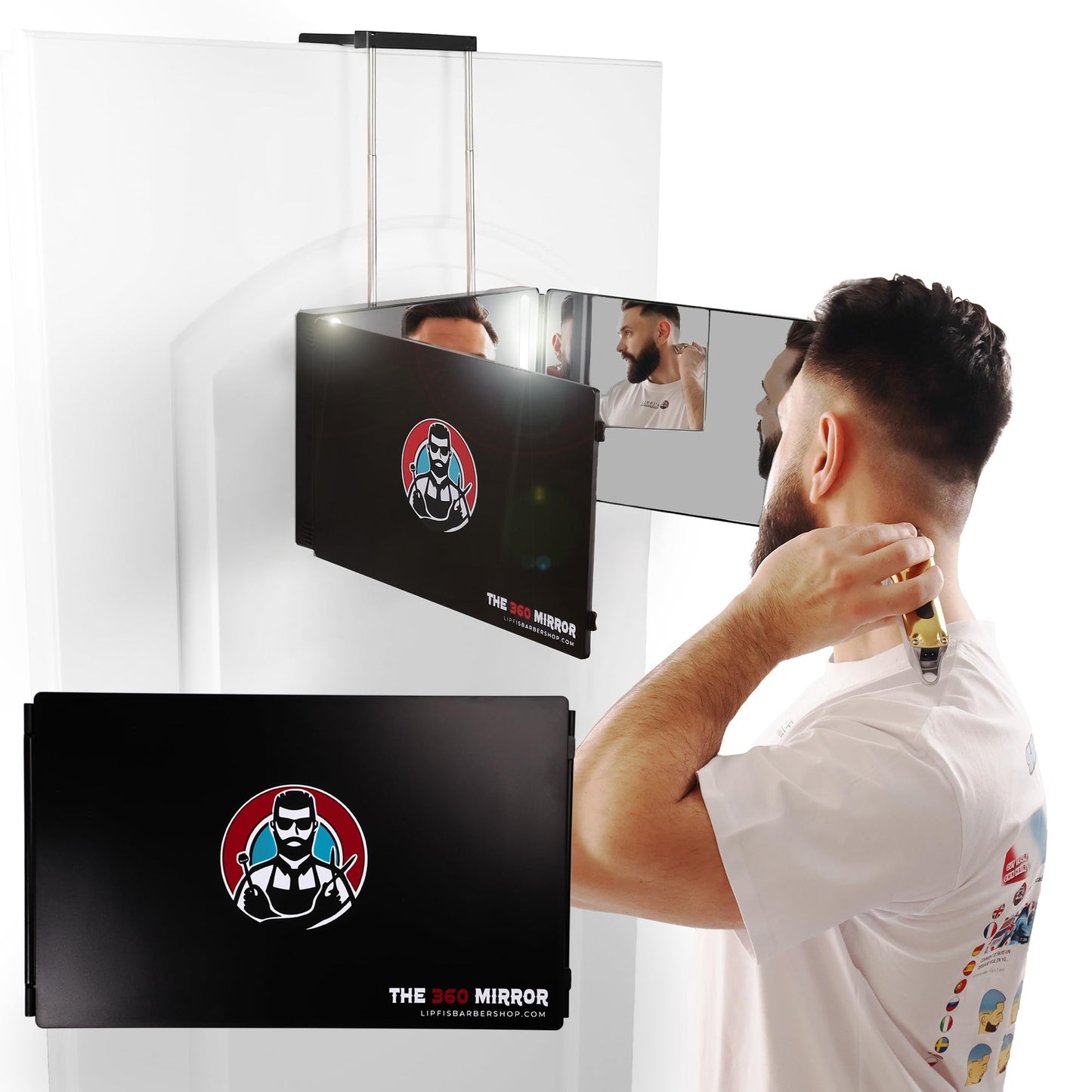 The 360 Mirror - 3 Way Mirror for Self Hair Cutting - Adjustable Trifold Barber Mirro to Cut Your Own Hair - Tri Fold Self Haircut System for Men - Three Sided Mirro for Haircuts (With LED)
