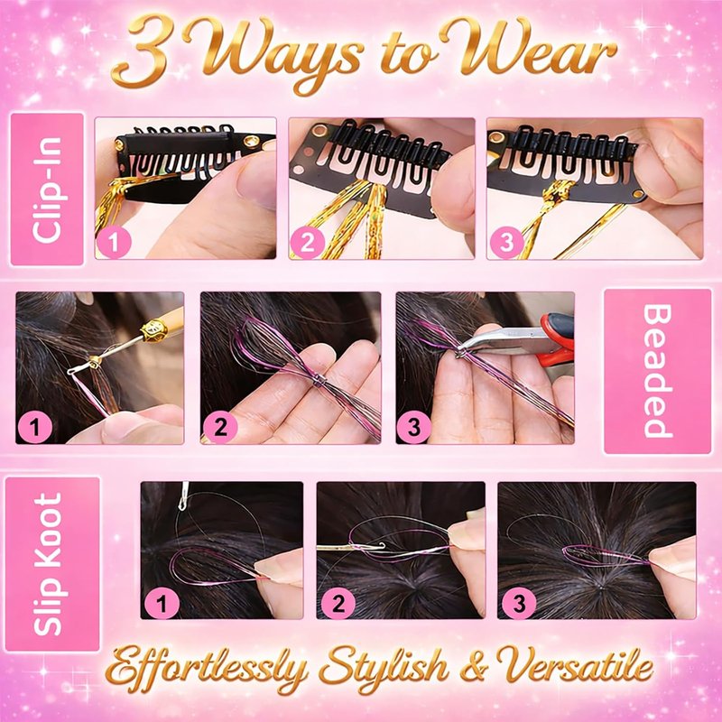 Black Hair Tinsel - 8 Pcs Fairy Hair Tinsel Kit | 48 Inch Glitter Hair Extensions for Parties & Festivals