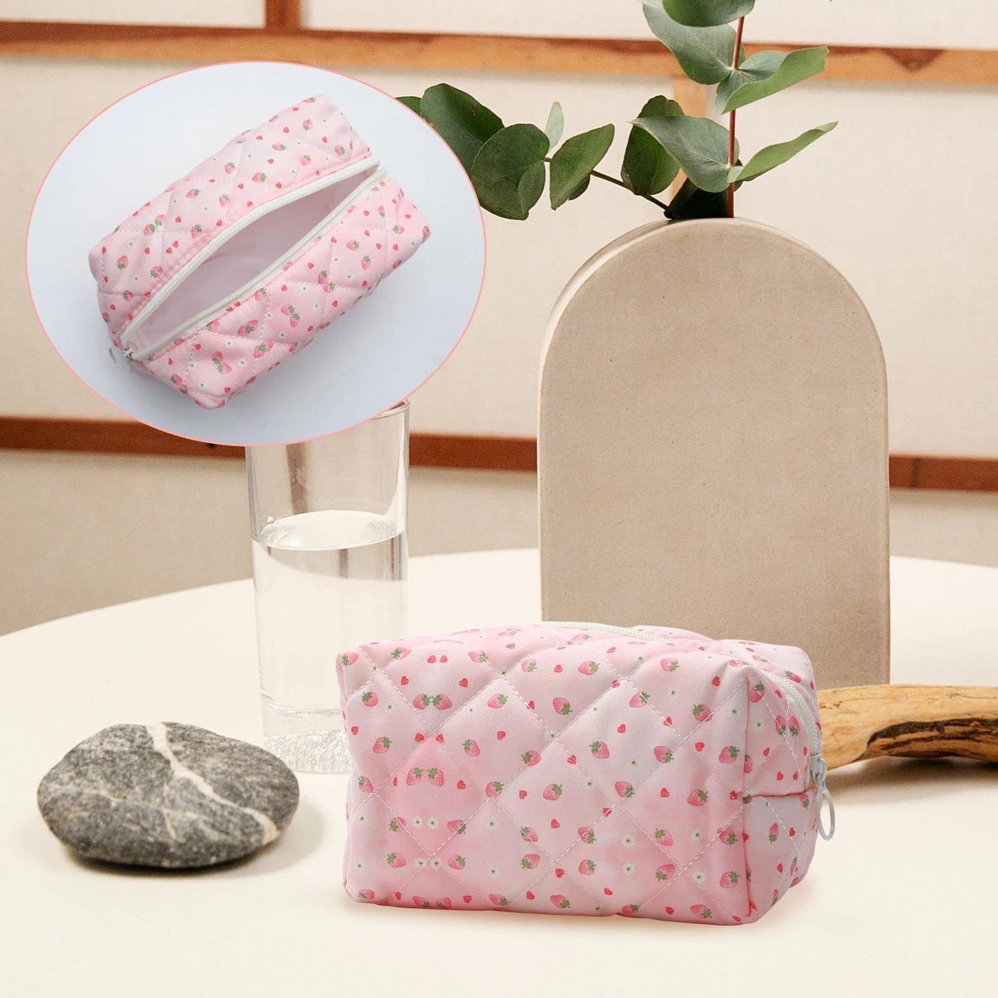 BACDOILQ Pink Quilted Makeup Bag, Strawberry Cotton Cosmetic Bag, Cute Floral Makeup Pouch for Women Girls, Coquette Aesthetic Organizer Bags Travel Toiletry Bags