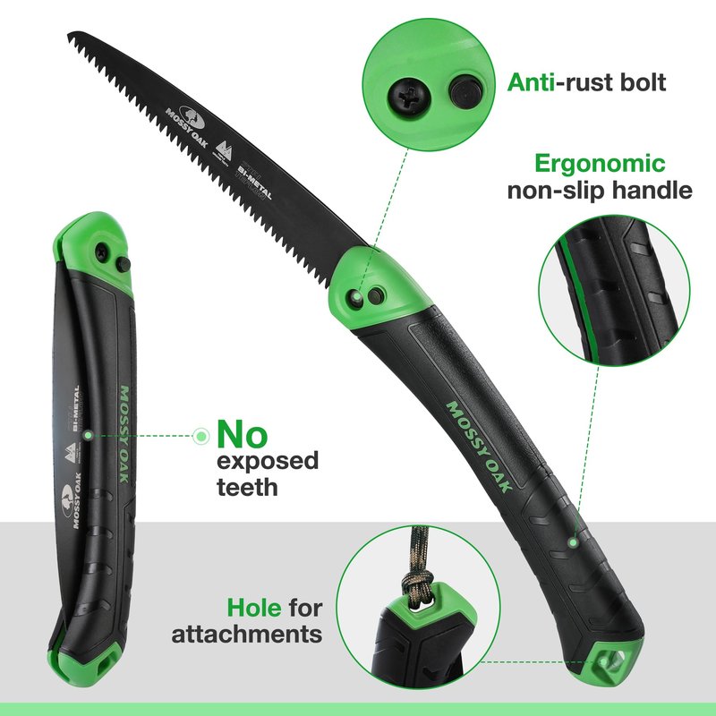 MOSSY OAK Folding Saw - 7 Inch Hand Saw with Pouch, D6A and M2 Bimetal Saw Blade, Pruning Saw Camping Saw Folding Hand Saw for Tree, Wood, and Limb Cutting