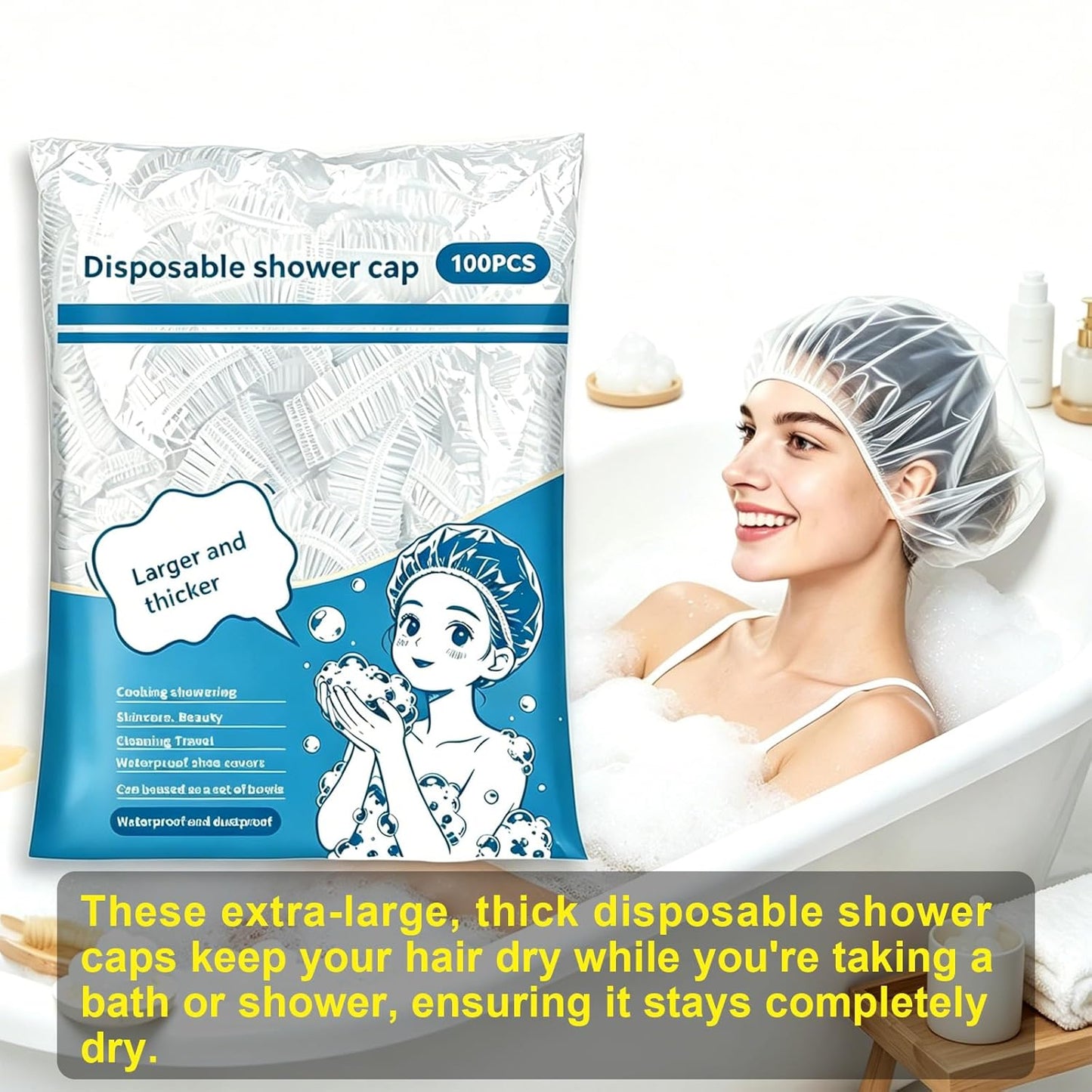 Disposable Shower Caps - Thick & Durable Hair Protection for Showers | 100 Pcs