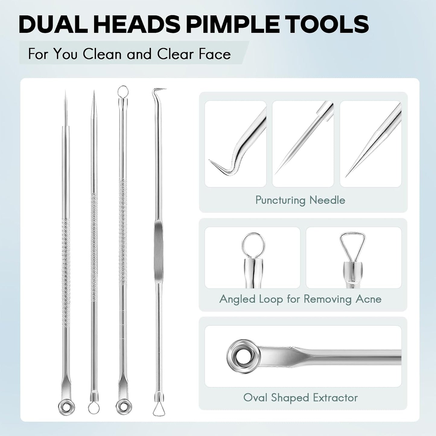 Blackhead Remover Tool Kit - Stainless Comedone Extractor for Acne & Pimples | 4-Piece Silver Set
